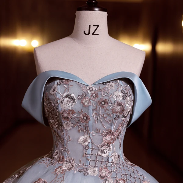 Chic / Beautiful Sky Blue Sequins Lace Flower Prom Dresses 2022 Ball Gown Strapless Sleeveless Backless Floor-Length / Long Formal Dresses