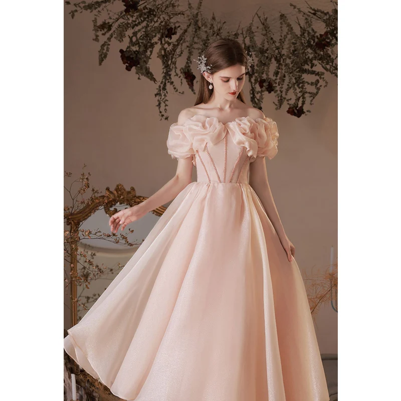 Lovely Blushing Pink Prom Dresses 2022 A-Line Princess Ruffle Off-The-Shoulder Beading