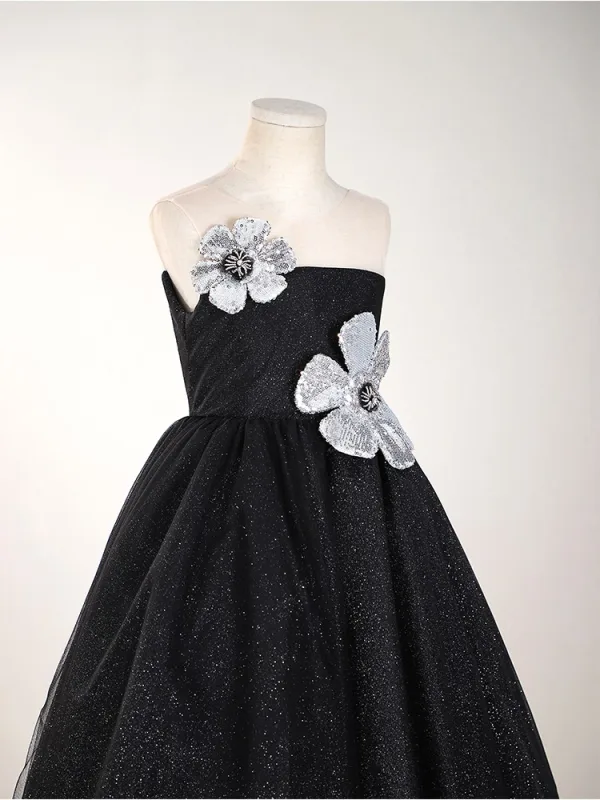 Sparkly Black Beading Sequins Flower Birthday Flower Girl Dresses 2024 A-Line / Princess Scoop Neck Sleeveless Backless Tea-length