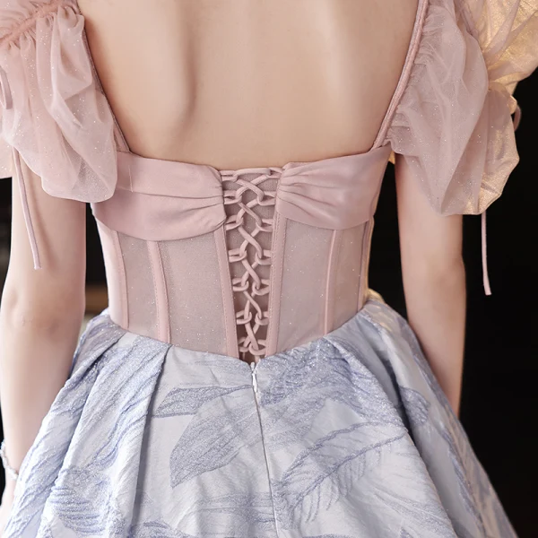 Fashion Blushing Pink Glitter Prom Dresses 2023 A-Line / Princess Square Neckline Bow Short Sleeve Backless Floor-Length / Long Prom Formal Dresses