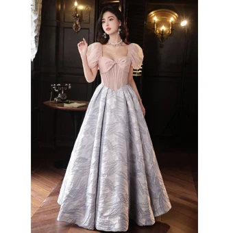 Mode Rougissant Rose Glitter Robe De Bal 2023 Princesse Encolure Carrée Noeud Manches Courtes Dos Nu Longue Promo Robe De Ceremonie