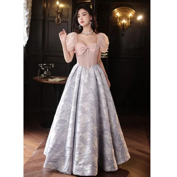 Fashion Blushing Pink Glitter Prom Dresses 2023 A Line Princess Square Neckline Bow Short Sleeve Backless Floor Length Long Prom Formal Dresses