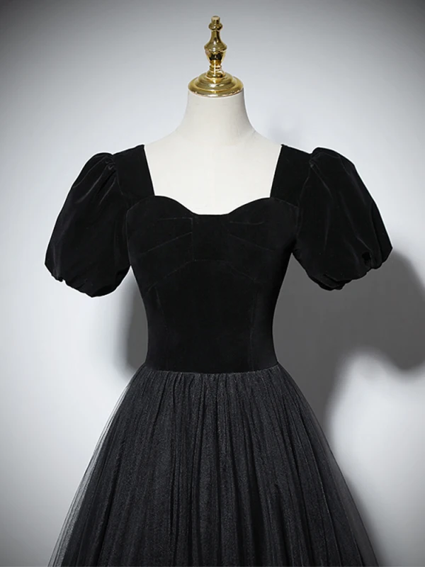 Audrey Hepburn Style Black Prom Dresses 2024 A-Line / Princess Square Neckline Puffy Short Sleeve Floor-Length / Long Prom Formal Dresses