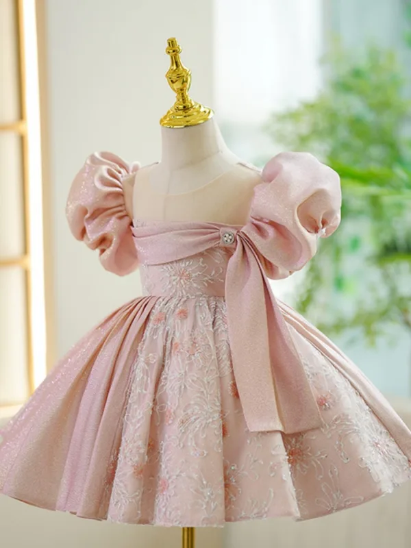 Chic / Beautiful Blushing Pink Beading Pearl Birthday Flower Girl Dresses 2023 Ball Gown Scoop Neck Puffy Short Sleeve Short
