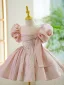 Chic / Beautiful Blushing Pink Beading Pearl Birthday Flower Girl Dresses 2023 Ball Gown Scoop Neck Puffy Short Sleeve Short
