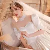 Vintage / Retro Ivory Ball Gown Wedding Dresses 2021 Crossed Straps Satin Lace High Neck 1/2 Sleeves Chapel Train Bridal Wedding