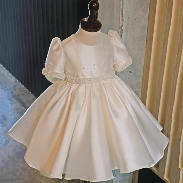 Elegant Ivory Pearl Bow Flower Girl Dresses 2023 Ball Gown Scoop Neck Short Sleeve Birthday