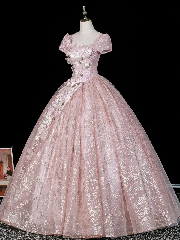 Blumenfee Rosa Perlenstickerei Pailletten Spitze Blumen Applikationen Ballkleider 2026 Ballkleid Eckiger Ausschnitt Rückenfreies Kurze Ärmel