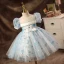 Élégant Bleu Ciel Appliques Perle Paillettes Promo Robe Ceremonie Fille 2022 Robe Boule Encolure Dégagée En Dentelle Gonflée Manches Courtes Longue Robe Ceremonie Fille