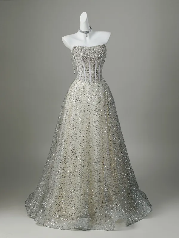 Scintillantes Gris Faux Diamant Paillettes Robe De Soirée 2026 Princesse De l'épaule Manches Courtes Dos Nu Longue Robe De Ceremonie