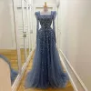 High-end Ocean Blue Handmade  Beading Sequins Prom Dresses 2024 A-Line / Princess Square Neckline Long Sleeve Floor-Length / Long Prom Formal Dresses