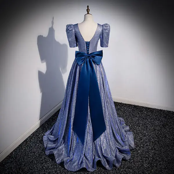 Sparkly Ocean Blue Glitter Evening Dresses 2022 A-Line / Princess V-Neck Short Sleeve Backless Bow Sweep Train Evening Party Formal Dresses
