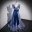 Sparkly Ocean Blue Glitter Evening Dresses 2022 A-Line / Princess V-Neck Short Sleeve Backless Bow Sweep Train Evening Party Formal Dresses