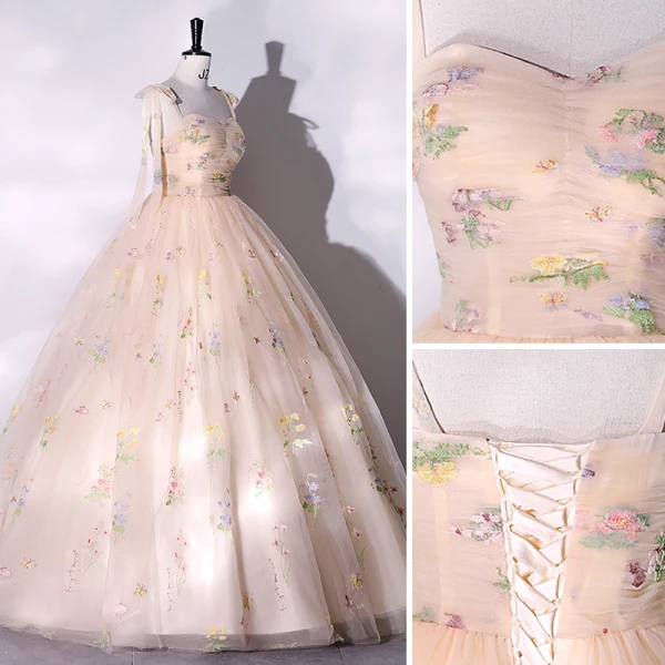 Chic / Beautiful Champagne Lace Flower Floral Prom Dresses 2023 Ball Gown Spaghetti Straps Sleeveless Backless Floor-Length / Long Prom Formal Dresses