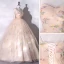 Chic / Beautiful Champagne Lace Flower Floral Prom Dresses 2023 Ball Gown Spaghetti Straps Sleeveless Backless Floor-Length / Long Prom Formal Dresses