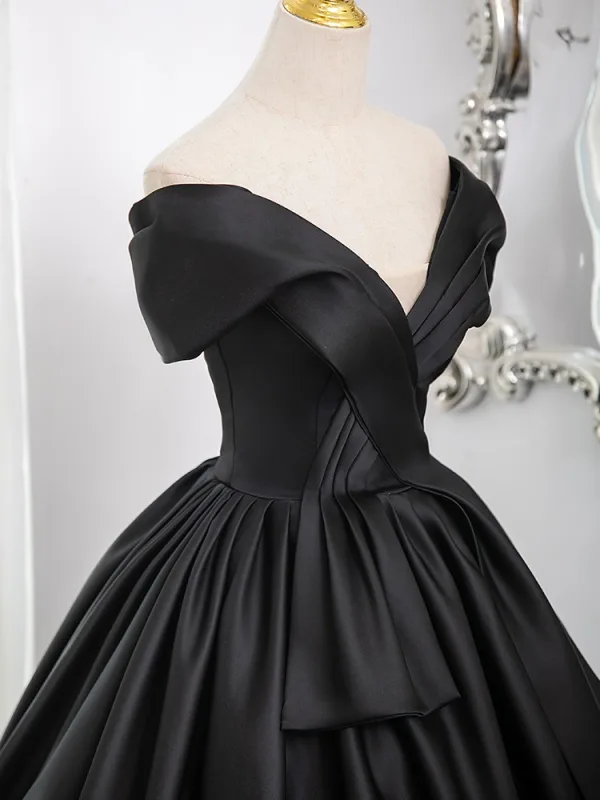 Elegant Black Satin Prom Dresses 2024 Ball Gown Off-The-Shoulder Sleeveless Backless Floor-Length / Long Prom Formal Dresses