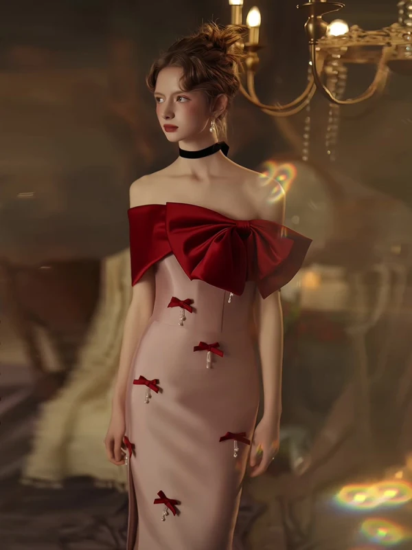 Sexy Rosa Gespaltete Front Abendkleider 2023 Meerjungfrau Off Shoulder Schleife Kurze Ärmel Rückenfreies Wadenlang Festliche Kleider