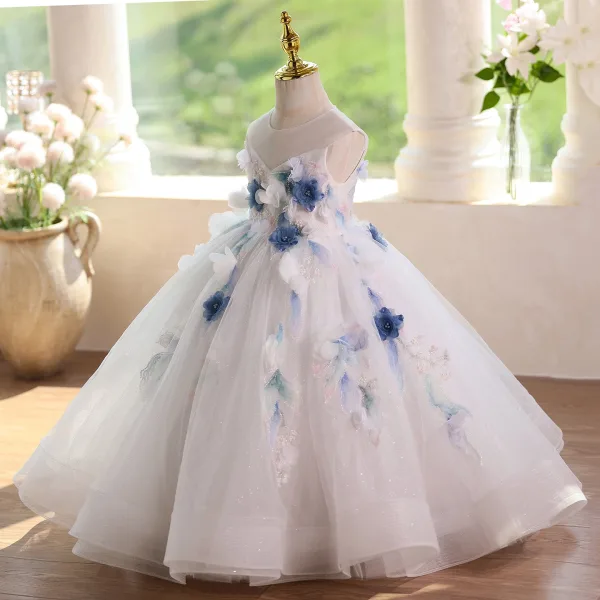 Chic / Beautiful White Beading Pearl Sequins Appliques Birthday Floor-Length / Long Flower Girl Dresses 2025 Ball Gown Scoop Neck Sleeveless Backless