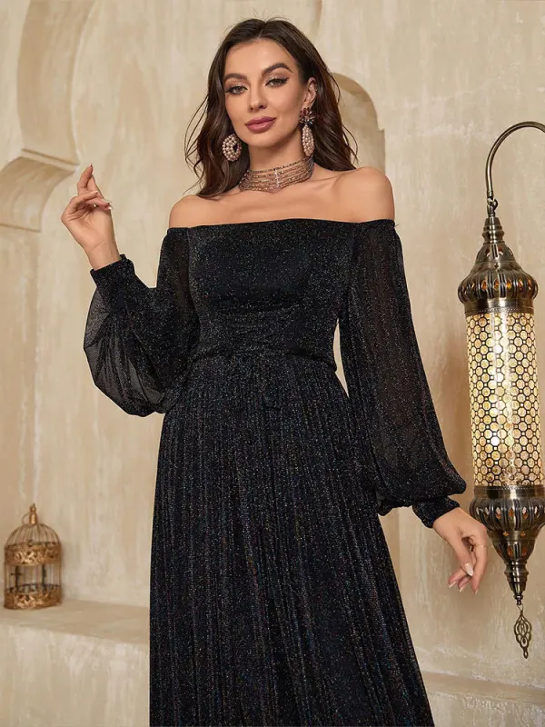 Elegante Schwarz Glanz Ballkleider 2025 A Linie Off Shoulder Lange Ärmel Rückenfreies Lange Ball Festliche Kleider