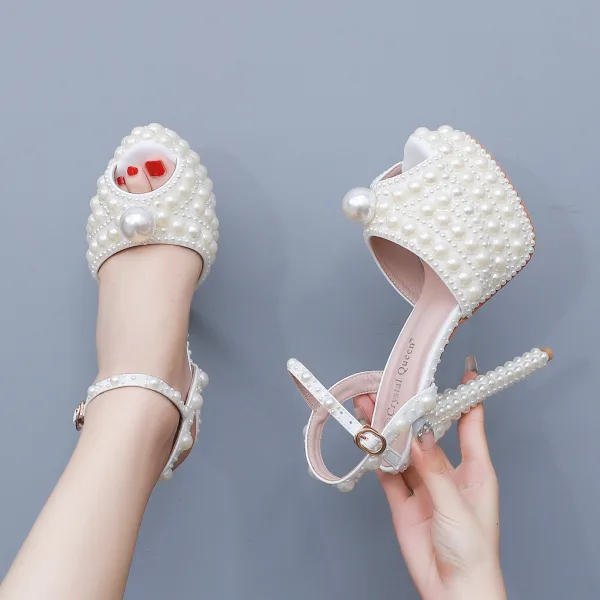Elegant Beige Pearl Wedding Shoes 2024 14 cm Stiletto Heels Open / Peep Toe Wedding Sandals High Heels
