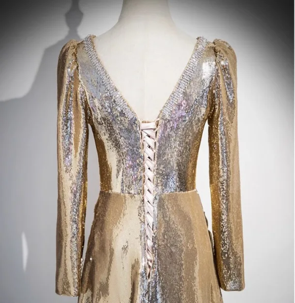 Scintillantes Doré Faux Diamant Paillettes Robe De Soirée 2025 Trompette / Sirène V-Cou Manches Longues Dos Nu Longue Soirée Robe De Ceremonie