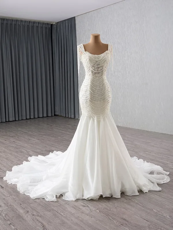 Haut de Gamme Blanche Fait main Perlage Perle Paillettes Robe De Mariée 2025 Trompette / Sirène Encolure Carrée Sans Manches Dos Nu Tribunal Train Mariage
