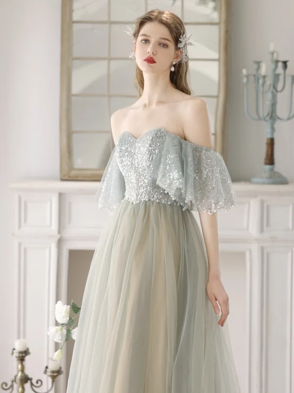 Charming Sage Green Sequins Prom Dresses 2024 A-Line / Princess Off-The-Shoulder Short Sleeve Backless Floor-Length / Long Prom Formal Dresses