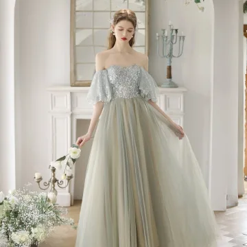 Charming Sage Green Sequins Prom Dresses 2024 A Line Princess Off The Shoulder Short Sleeve Backless Floor Length Long Prom Formal Dresses