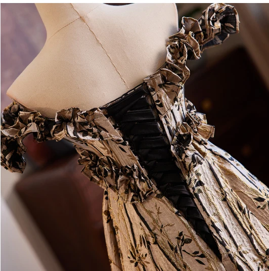 Vintage / Retro Brown Printing Prom Dresses 2024 A-Line / Princess Off-The-Shoulder Sleeveless Backless Floor-Length / Long Prom Formal Dresses