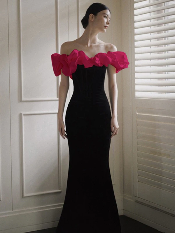Sexy Black Ruffle Off-The-Shoulder Evening Dresses 2023 Trumpet / Mermaid Short Sleeve Backless Floor-Length / Long Evening Party Formal Dresses
