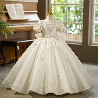 Vintage Retro Ivory Beading Rhinestone Appliques Bow Birthday Flower Girl Dresses 2025 Ball Gown Scoop Neck Short Sleeve Floor Length Long