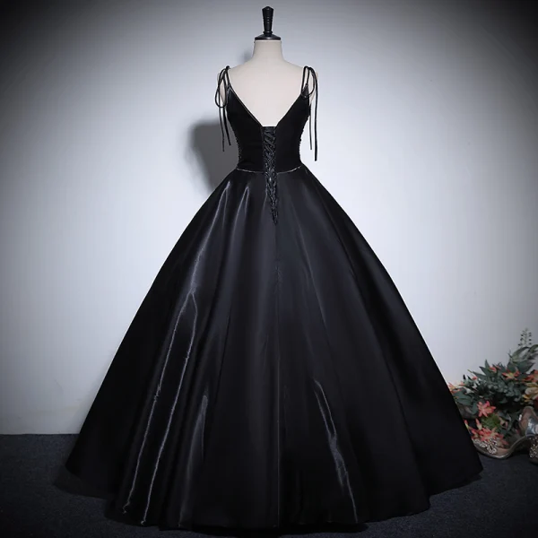 Classique Noire Perlage Paillettes Satin Robe De Bal 2024 Robe Boule V-Cou Sans Manches Dos Nu Longue Promo Robe De Ceremonie