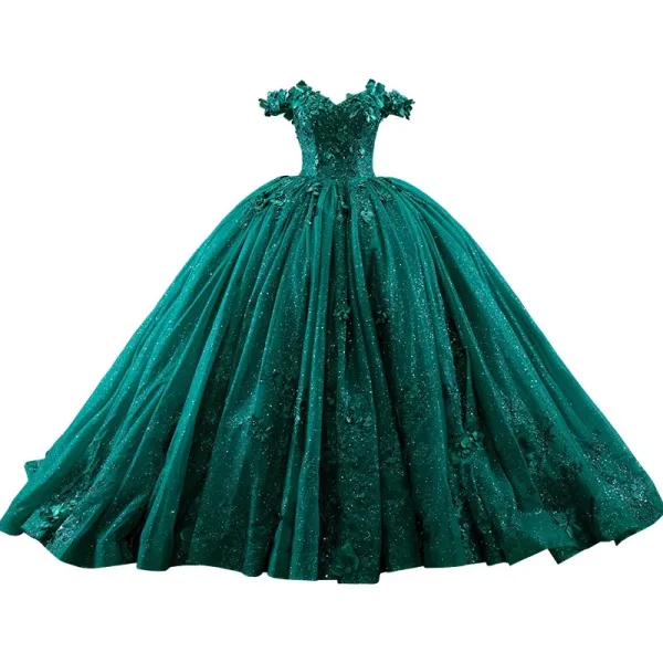 Luxury / Gorgeous Dark Green Handmade  Beading Sequins Appliques Prom Dresses 2023 Ball Gown Off-The-Shoulder Sleeveless Backless Court Train Prom Formal Dresses