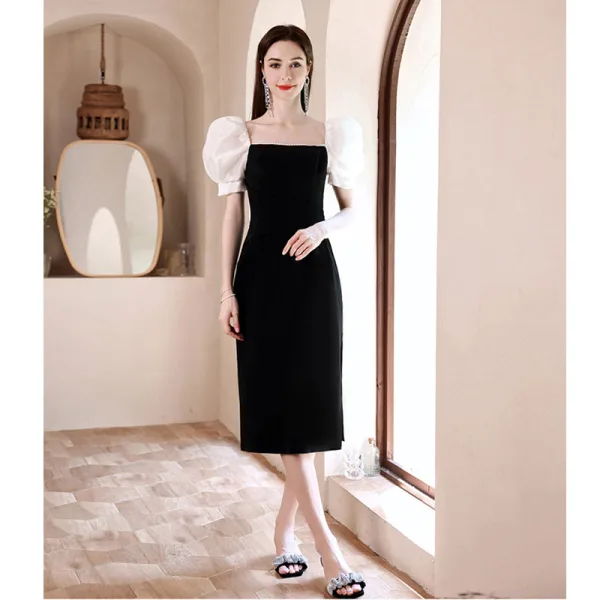 black pearl hoco dress Black Long Sleeves Pearl Beaded Homecoming Dress – prommirror main image 0