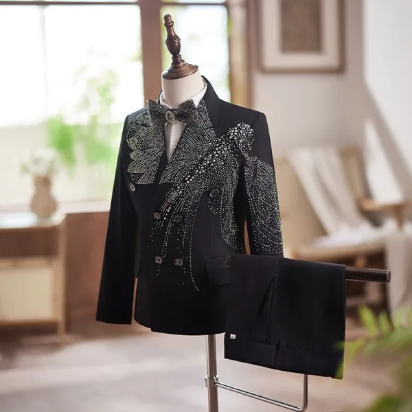 Black 5-piece Rhinestone Long Sleeve Wedding Boys Wedding Suits 2025 Coat Pants Shirt Tie Vest