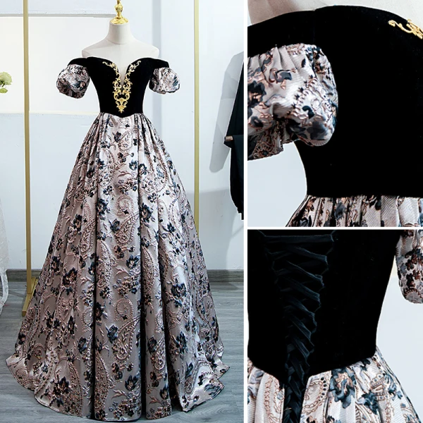 Elegant Black Printing Prom Dresses 2022 A-Line / Princess Off-The-Shoulder Puffy Short Sleeve Backless Floor-Length / Long Formal Dresses
