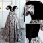 Elegant Black Printing Prom Dresses 2022 A-Line / Princess Off-The-Shoulder Puffy Short Sleeve Backless Floor-Length / Long Formal Dresses