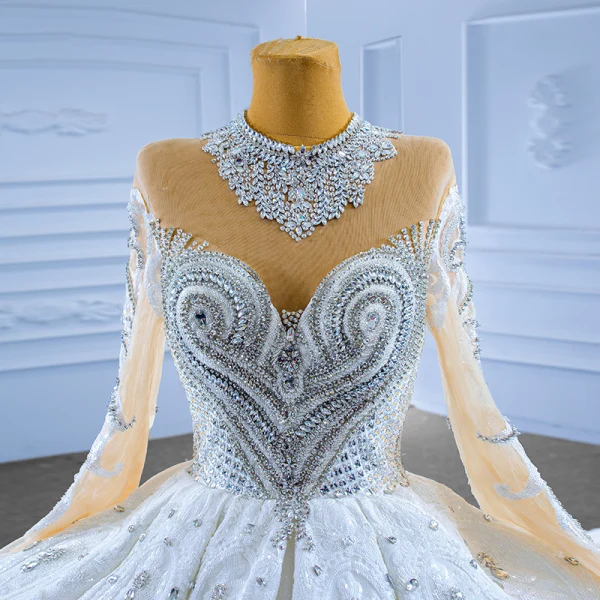 Luxury / Gorgeous Sparkly White Handmade Beading Pearl Rhinestone Sequins Wedding Dresses 2022 Ball Gown Scoop Neck Long Sleeve Backless Royal Train