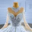 Luxury / Gorgeous Sparkly White Handmade  Beading Pearl Rhinestone Sequins Wedding Dresses 2022 Ball Gown Scoop Neck Long Sleeve Backless Royal Train