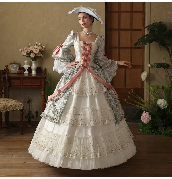 Vintage / Retro Medieval White Lace Flower Bow Prom Dresses 2024 Ball Gown Square Neckline Bell sleeves Floor-Length / Long Prom Formal Dresses