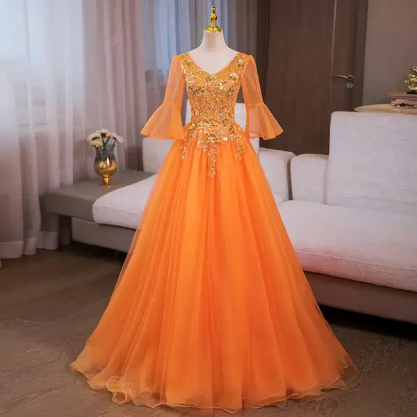 Chic / Beautiful Ocean Blue Sequins Prom Dresses 2024 Ball Gown V-Neck Bell sleeves Backless Floor-Length / Long Tulle Prom Formal Dresses