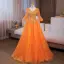 Chic / Beautiful Ocean Blue Sequins Prom Dresses 2024 Ball Gown V-Neck Bell sleeves Backless Floor-Length / Long Tulle Prom Formal Dresses
