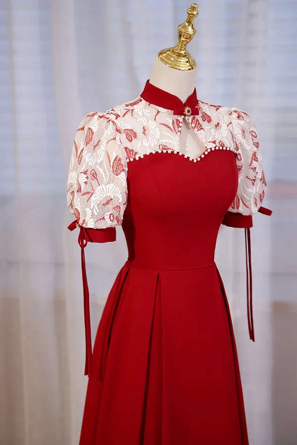 Chinese style Burgundy Pearl Satin Cheongsam Evening Dresses Prom Dresses 2023 A-Line / Princess High Neck Short Sleeve Backless Floor-Length / Long Evening Party Prom Dresses Formal Dresses