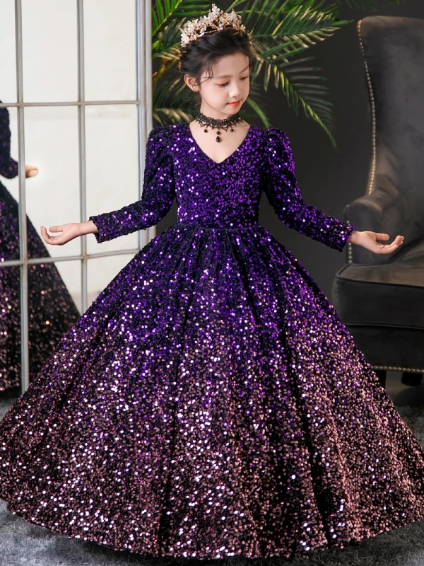 Sparkly Purple Sequins Birthday Flower Girl Dresses 2024 Ball Gown V-Neck Long Sleeve Floor-Length / Long Sparkly Purple Sequins Birthday Flower Girl Dresses 2024 Ball Gown V-Neck Long Sleeve Floor-Length / Long