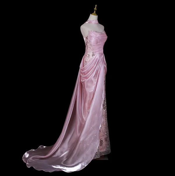 Fantaisiste Rose Bonbon Perlage Faux Diamant Paillettes Robe De Soirée 2026 Satin Trompette / Sirène Bustier Sans Manches Dos Nu Train De Balayage Robe De Ceremonie