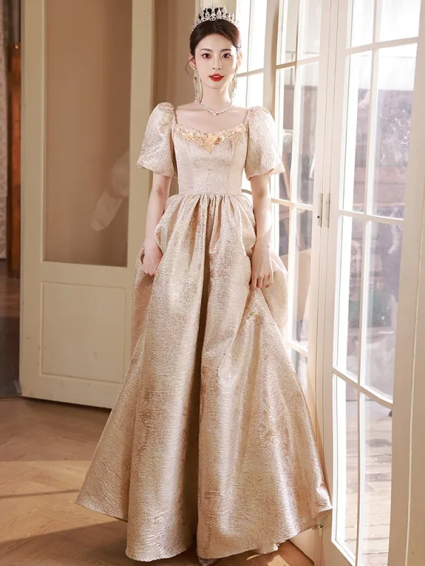 Élégant Champagne Paillettes Robe De Bal 2024 Princesse Encolure Carrée Manches Courtes Dos Nu Longue Promo Robe De Ceremonie
