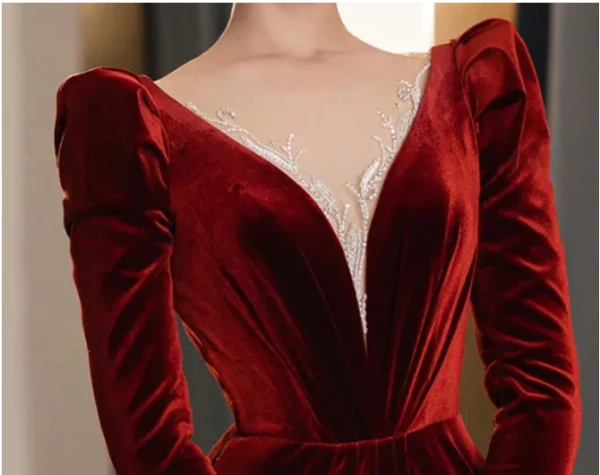 Elegant Burgundy Suede Prom Dresses 2024 A-Line / Princess V-Neck Long Sleeve Backless Floor-Length / Long Prom Formal Dresses