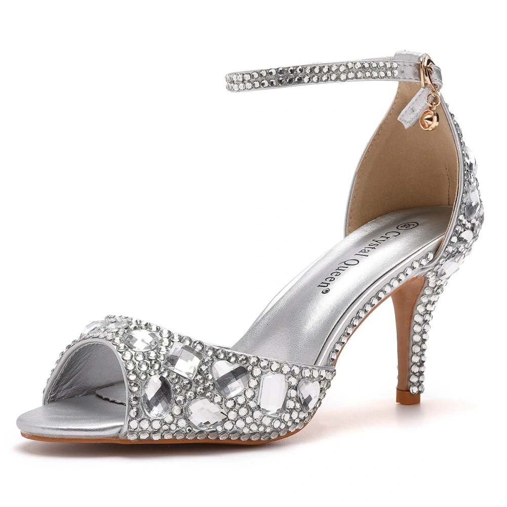 Charming Silver Rhinestone Evening Party Womens Sandals 2023 7 cm Stiletto  Heels Open / Peep Toe Ankle Strap Sandals High Heels