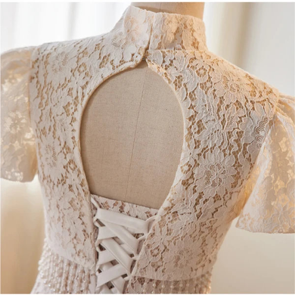 Chinese style White Lace Flower Prom Dresses 2023 A-Line / Princess High Neck Pearl Bow Short Sleeve Backless Tea-length Prom Formal Dresses