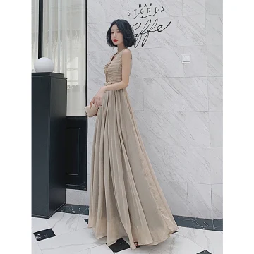 Fashion Khaki Evening Party Split Front Evening Dresses 2022 A Line Princess V Neck Sleeveless Backless Floor Length Long Formal Dresses